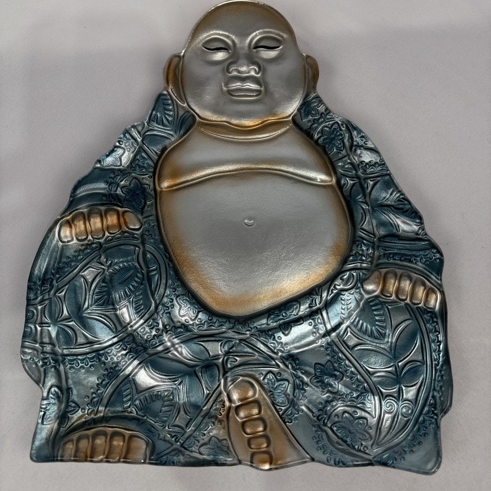 Grasslands Road BUDDHA GLASS PLATTER, 15" Blue Gold Serving Tray Decorative